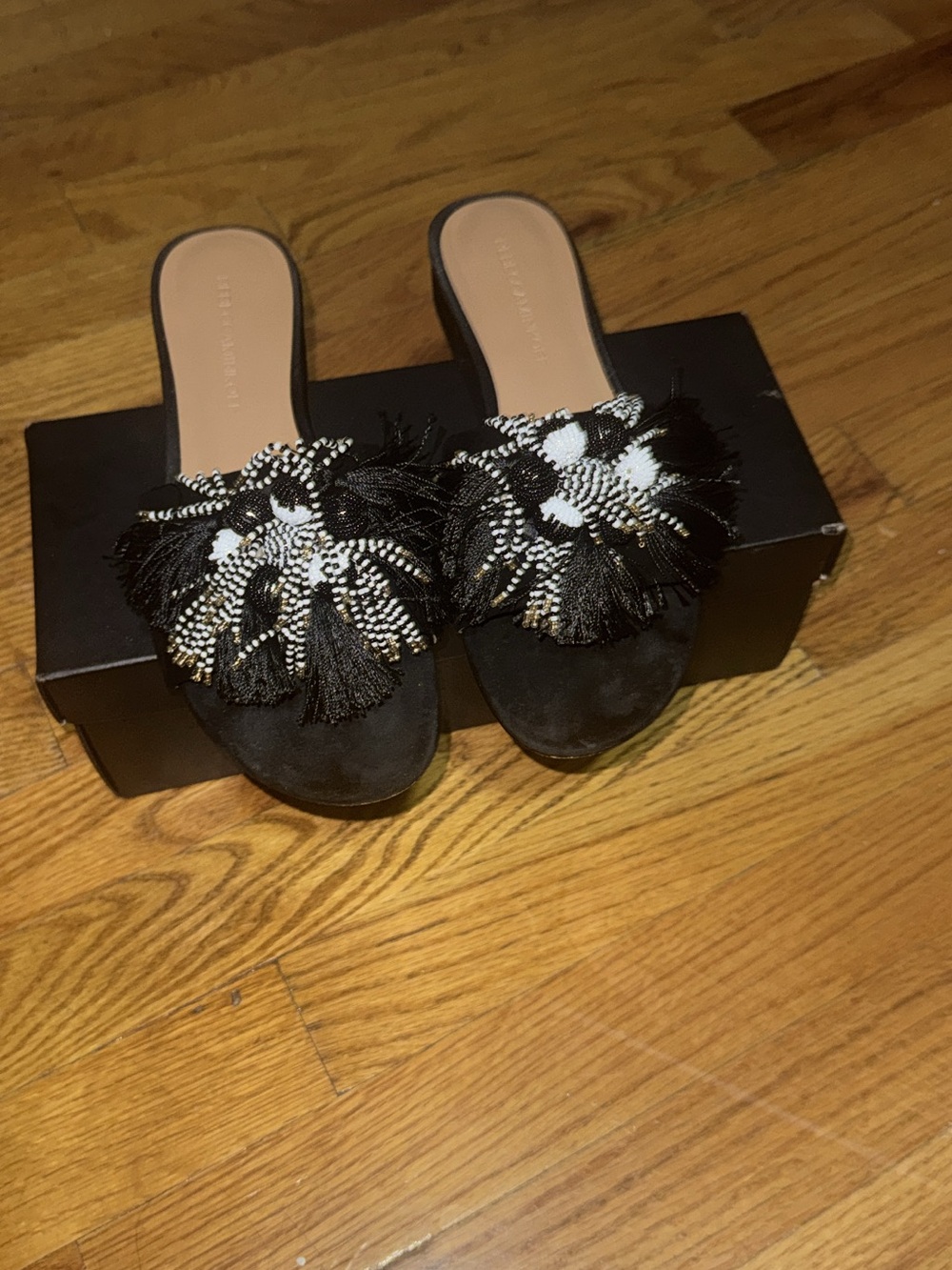 Rebecca Minkoff Black Beaded Tassel Slide Sandals